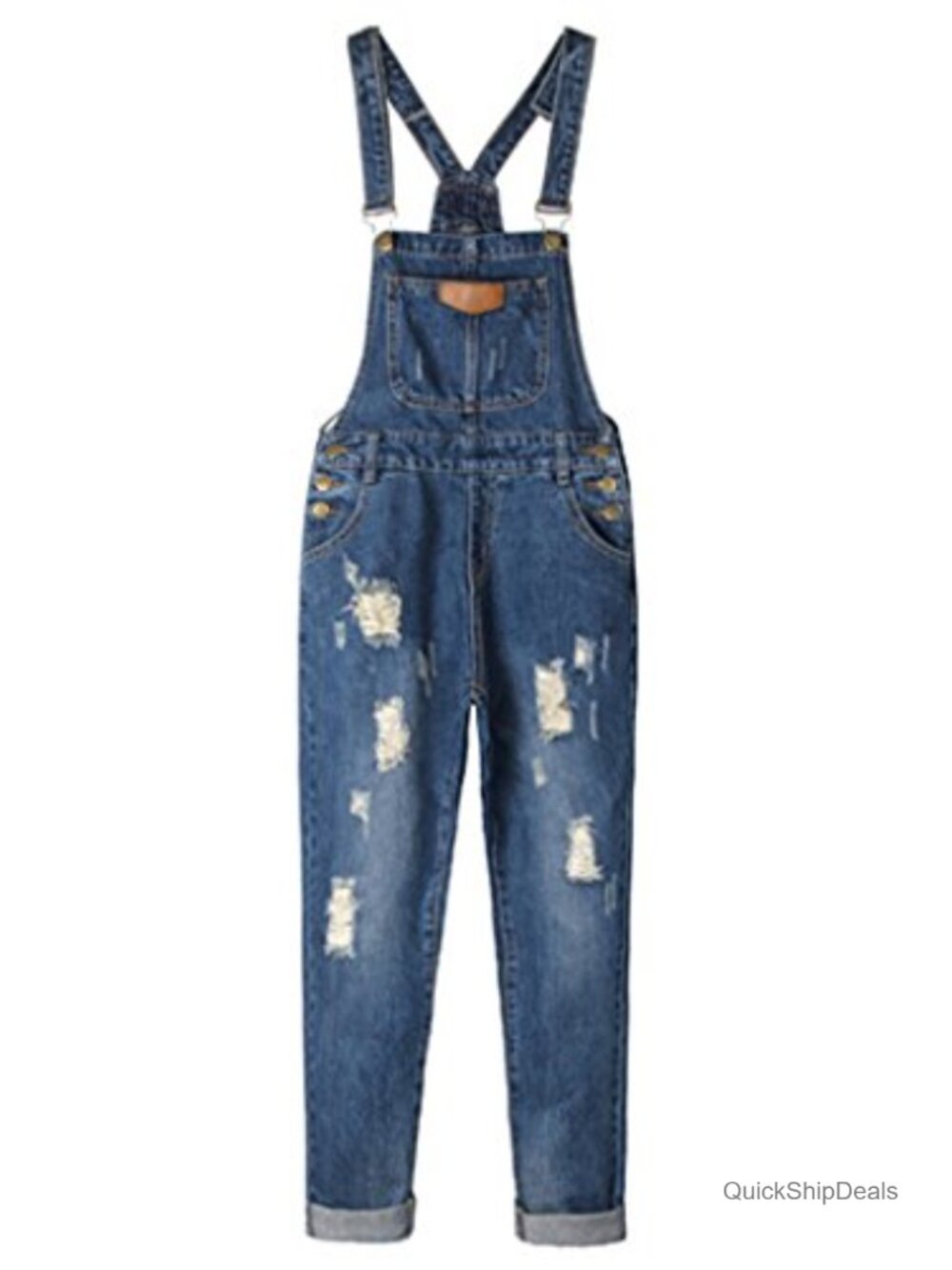 Women's Adjustable Strap Ripped Denim Overalls - Relaxed Fit Cotton